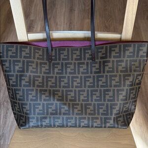 Fendi Brown Zucca Coated Cancas FF Logo Tote with Plum Trim